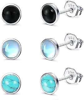 JeryWe 3 Pairs Moonstone Earrings for Women Men Girls Turquoise Round Gemstones Black Onyx Cartilage Stud Earrings Hypoallergenic 925 Sterling Silver Stud Earrings Set 4MM