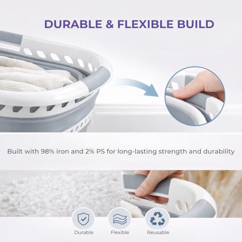 Image of Laundry 360 Collapsible Laundry Basket 40L | Portable | Space Saver Storage | Hold 2 Loads | Store Under the Bed or Closet | Good for Kids | Dorm | Bedroom | Large | White /Grey