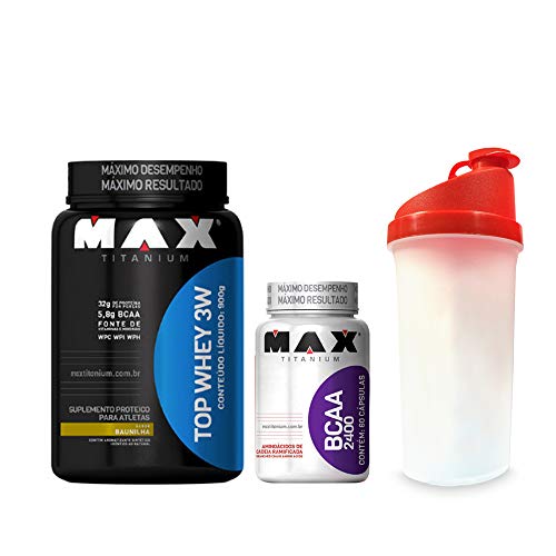 Kit Top Whey 3W 900 G + Bcaa 2400 60 Cáps + Coqueteleira - Max Titanium Max Titanium baunilha