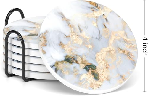Image of Coasters for Drinks, Set of 6 Cute Absorbent Ceramic Drink Coasters for Cup with Holder and Cork Base, Kitchen Home Decor Housewarming Gift, Round 4 in, White Gray Gold