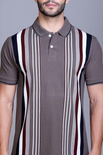 Image of SANE ORIGINALS Textured Polo T-Shirt for Men in Vertical Stripes || Old Money Polos for Men