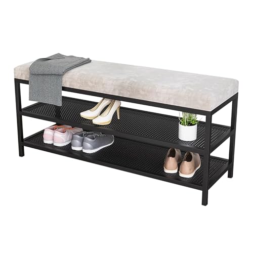 Banc à chaussures en velours gris avec rangement et structure métal noir