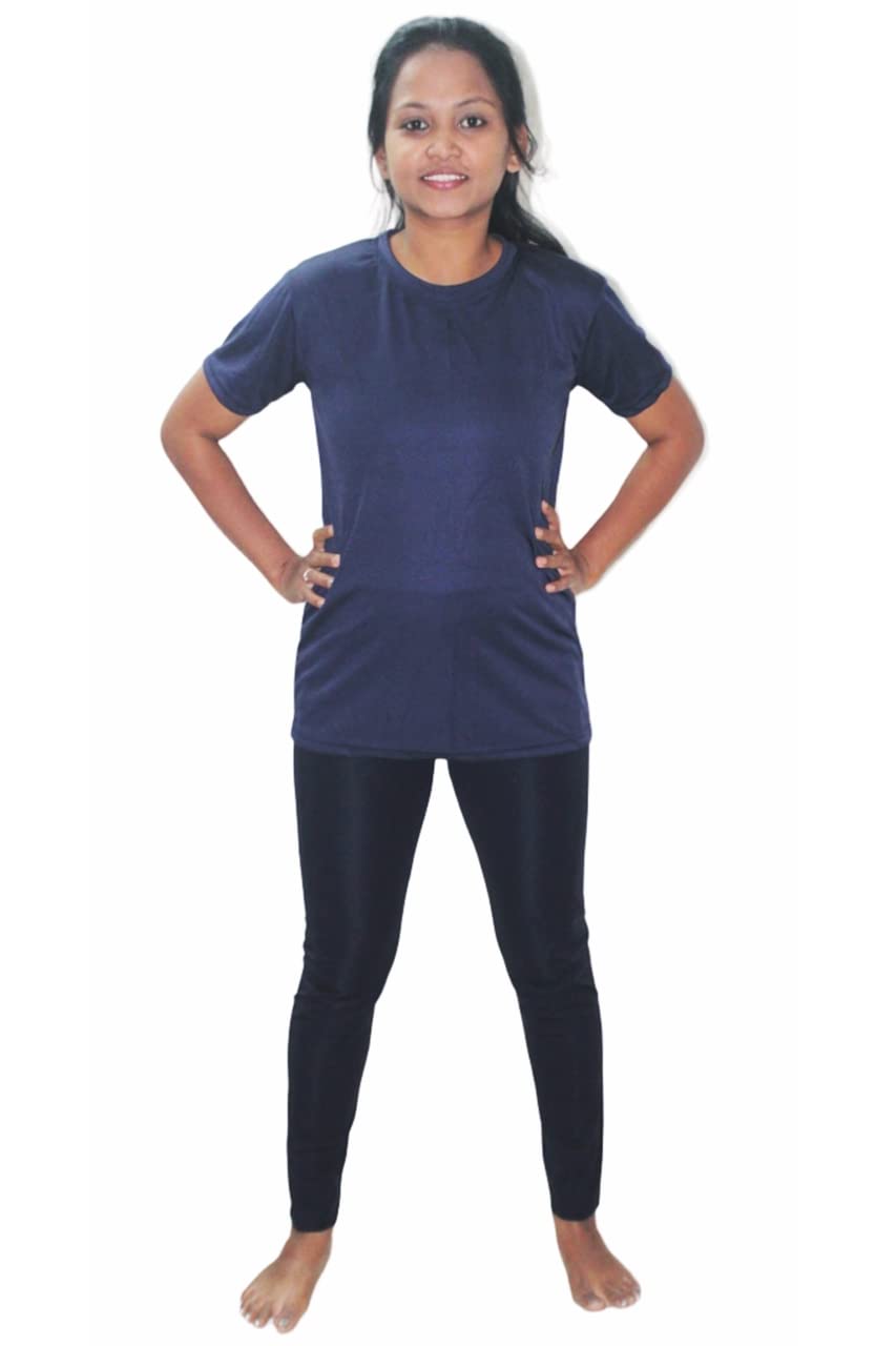 Spandex Women's Regular Fit Compression Long Tights/Swim Leggings with Half Sleeves Tshirt | Quick Drying Leggings for Swimming, WaterParks, Surfing & Other Sports -Navy Blue (M)