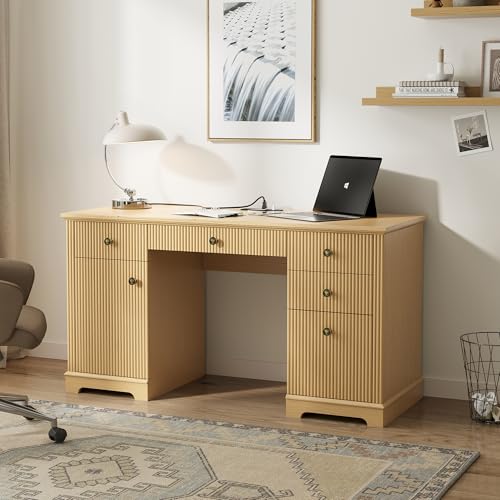 59" Modern Executive Desk with Drawers, Wood Home Office Computer Desk with Charging Station, 5 Drawers & 1 Cabinet, File Drawer, Fluted Computer Writing Desk for Study, Living Room, Bedroom, Oak - Image 3