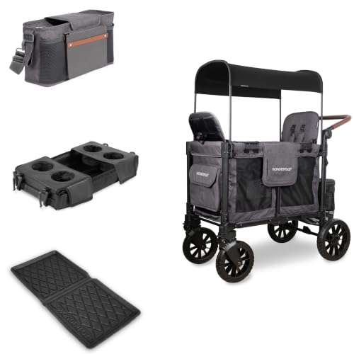 Image of WonderFold W2 Luxe Pro Bundle - 2-Seater Stroller Wagon with All-Weather Floor Mat, Flex Snack Tray & Parent Console, Safety-Certified with 5-Point Harnesses - Gray