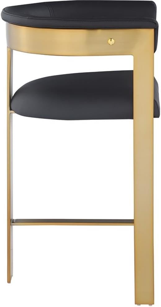 Pemberly Row Modern Black Vegan Leather Counter Stool Set, 22.5" W x 20" D x 35.5" H, Brushed Gold Metal Frame, Contemporary Design, Upholstered Seating for Dining Room or Bar