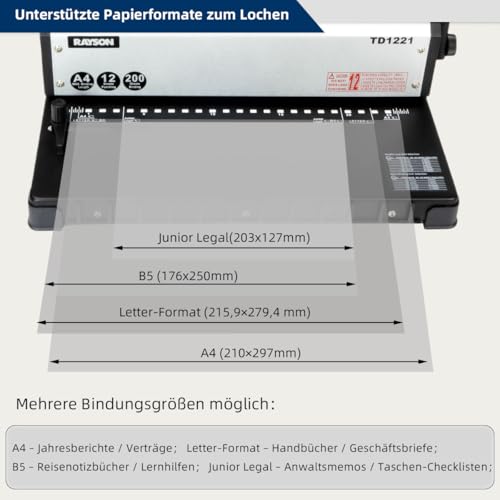 RAYSON Drahtbindegerät, 23 Löcher, Bindet 200 Blatt, 2:1 Teilung, A4, TD-1221