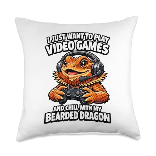 I Just Want to Play Video Games Funny Gamer Bearded Dragon Throw Pillow