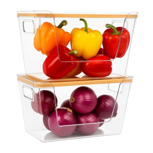 SUNNYNEST 2 Set Stackable Fridge Organisers Pantry Organizers with Lid Multi-Purpose Clear Stackable Kitchen Organizers for Fruit,Onion,Potato,Produce,Vegetables Kitchen Storage