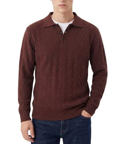 GLESTORE Polo Pullover Herren Poloshirt Langarm Strick Herrenpullover mit Kragen Polos Braun L