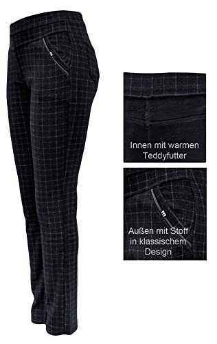 Sockenhimmel leichte Winterhose Damen gefüttert mit Polarfleece Stoffhose mit Gummibund Karo-Hose (Grau, 44-46)