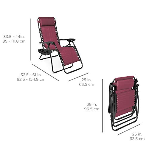 Best Choice Products Set Of 2 Adjustable Steel Mesh Zero Gravity Lounge Chair Recliners W/Pillows And Cup Holder Trays - Burgundy #TOP6