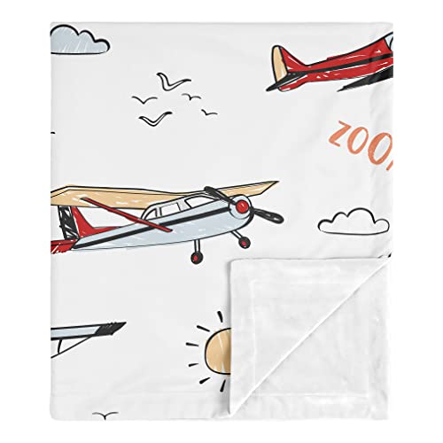 Image of Sweet Jojo Designs Vintage Airplane Boy Blanket Receiving Security Swaddle for Newborn Toddler Nursery Car Seat Stroller - Grey Yellow Orange Red White Blue Airplanes Air Plane Transportation Clouds