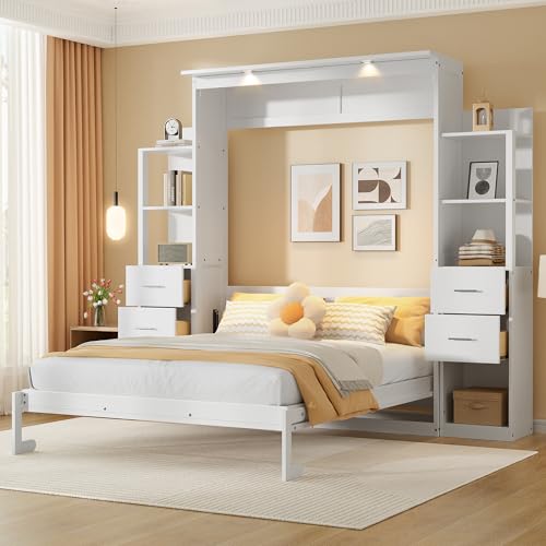 PVWIIK Queen Size Murphy Bed with 4 Drawers and Foldable & Led & Shelf,Foldable PlatformBed Vertical Wall Bedframe for Small Space/Bedroom/Guest Room,White