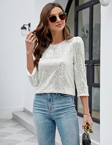 Women's Tops Sequin 3/4 Sleeve Sparkle Sequin Tops Shimmer Glitter Party Tunic Tops Casual Fitted Blouses Top Shirts Silver Grey #TOP1