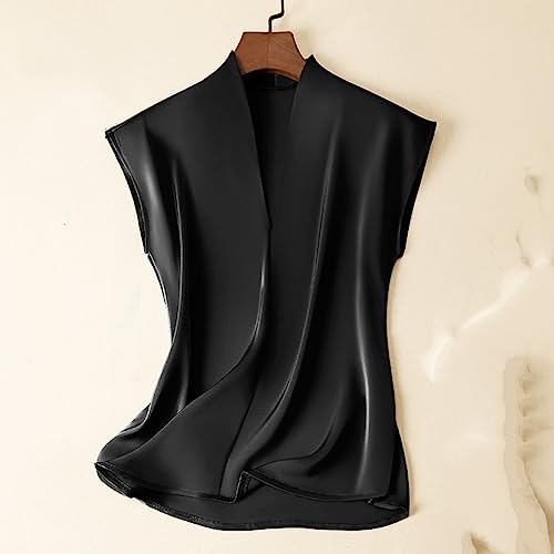 Camiseta suelta de satén negro con cuello en V para mujer