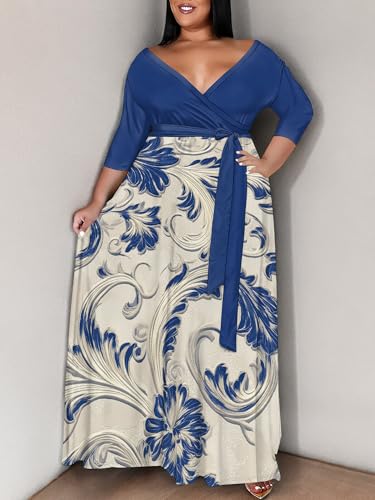 Image of SUZONANA Plus Size Maxi Dresses for Curcy Women Casual Loose 3 /4 Sleeve Long Dress with Belt