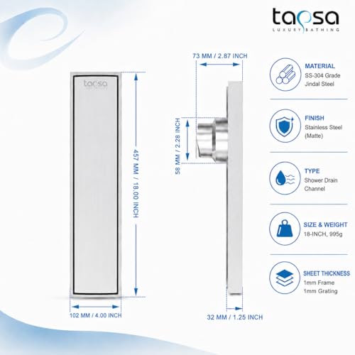 Image of Tapsa Tile Insert Floor Drain | 304 Stainless Steel | Invisible Shower Drain Channel | Shower Drain Channel |Water Drain Channel| Floor Drain with Cockroach Trap | Anti-Rust. (SS Matte, 18X4)