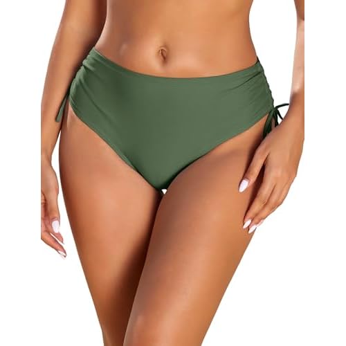 HUSKARY Women's Bikini Bottoms Full Coverage Mid Waisted Bathing Suit Swimsuit Bottom Side Tie Swim Briefs Army Green Small
