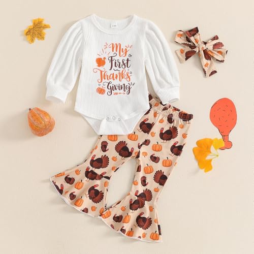 My First Thanksgiving Baby Girl Outfit Newborn Puff Long Sleeve Ribbed Knit Romper Turkey Flare Pants Headband Set2