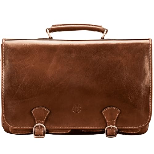 Maxwell Scott - Mens Luxury Leather Satchel Briefcase Bag -2 Section for Laptop - Made in Italy - The Jesolo2 - Chestnut Tan