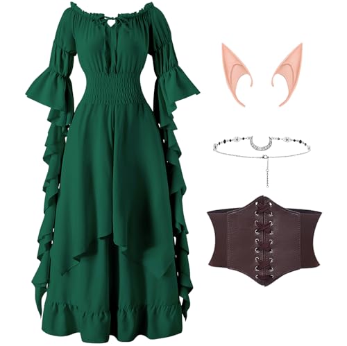 LumenVela Mittelalter Kleidung Damen, Viktorianisches Kleid mit Korsett, Elfenohren, Kopfschmuck, Gothic Kleidung Schulterfrei Puffärmel Renaissance...