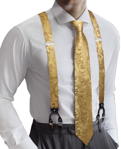 Image of Barry.Wang Men Suspender Set with Necktie Elastic Y Type Heavy Duty 6 Clips Braces Tie Handkerchief Cufflink Pin 6PCS