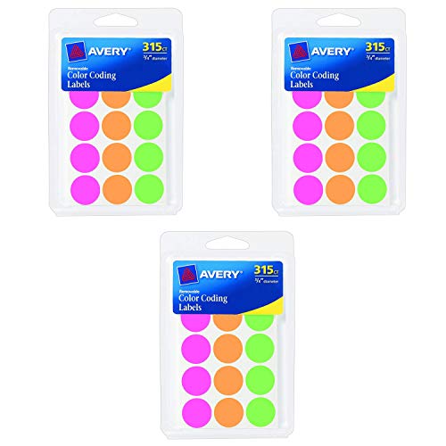 Avery Round Color Coding Labels, 0.75 Inch, Assorted, Removable,Pack of 315 (6733) Pack of 3