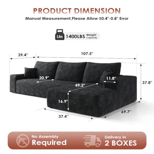 Image of Boneless Couch, Modular Sectional Couches for Living Room, U-Shaped Cloud Couch Sofa with Deep Seat, Fluffy Corduroy Upholstered Corner Sofa