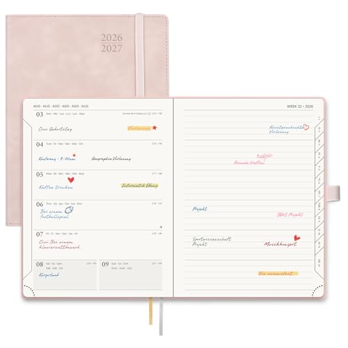 POPRUN Kalender 2026 2027 Buchkalender Notizbuch (Aug.2026-Dez.2027) ca. A5 (22 x 16 5 cm) Terminplaner Wochenplaner Softcover mit PU-Leder Zertifiziertem Papier (Rosa)