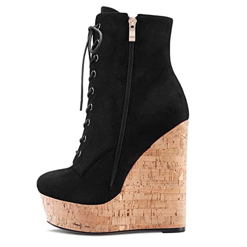 Aachcol Women Wedge Ankle Boots Short Bootie Mid Calf Close Round Toe Chunky Block High Heel Dress Shoes Suede Lace-up 6 Inch2