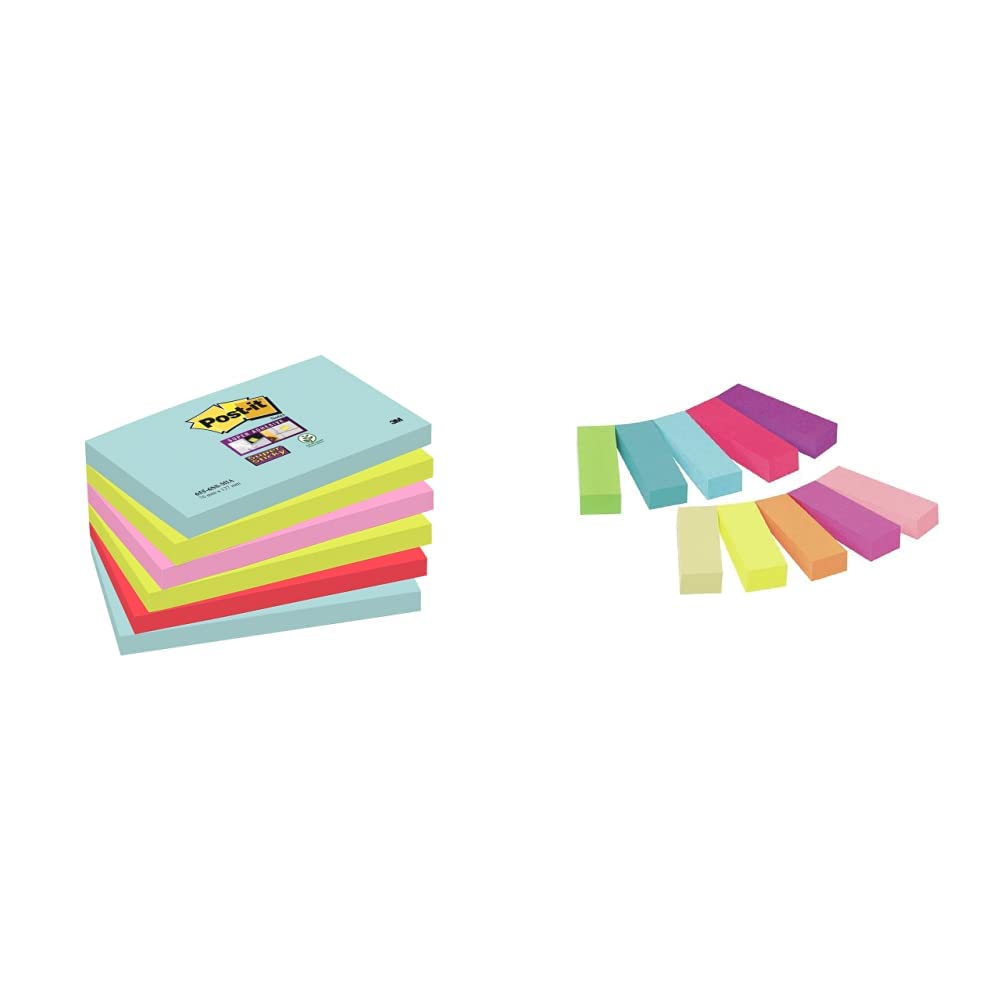Post-It Super Sticky 70005291631 Super Sticky Pack de 6 blocs notas Adhesivas Multicolor + 3M Marcadores adhesivos para libros Pack 10 x 50 hojas
