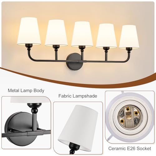 Image of Bathroom Vanity Light, Matte Black Bathroom Lighting Fixtures Over Mirror | 5-Light Bathroom Light Fixtures with Flared White Fabric Shade, E26 Socket (ETL Listed)