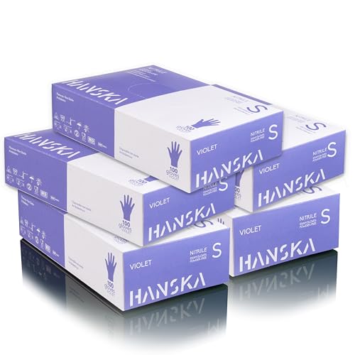 HANSKA Paquete de 500 guantes desechables de nitrilo morado - Sin polvo - Desechables - Ambidiestros - No estériles - Base de goma - Apto para uso médico y manipulación de alimentos (500, S)