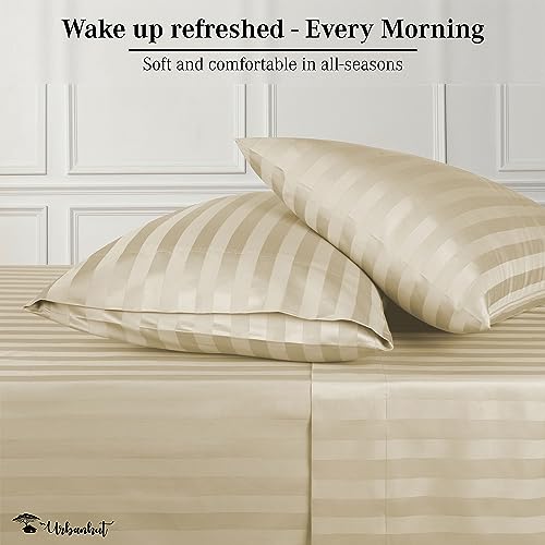 URBANHUT 800 Thread Count Egyptian Cotton Damask Striped Full Size Sheets Set (4 Pc) - Ultra Soft & Smooth, Sateen Weave Full Size Bed Sheets, Luxury Hotel Sheets with 16" Deep Pocket - Sand