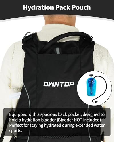 Owntop Colete de natação adulto, bolso de hidratação, jaqueta leve de caiaque para wakeboard, passei