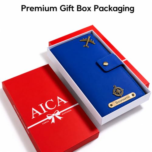 Image of AICA Personalized Name & Charm Long Leather Wallet Passport Cover with Passport, Boarding Pass, Currency, Card Slot & Coin Holder for Men & Women (RoyalBlue)