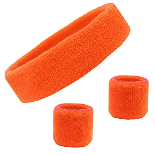 Kenz Laurenz Sweatband Set Cotton Sports Headband Terry Cloth Wristband Moisture Wicking Sweat Absorbing Athletic Exercise Basketball Wrist Sweatbands and Headbands (Orange) Fits Most