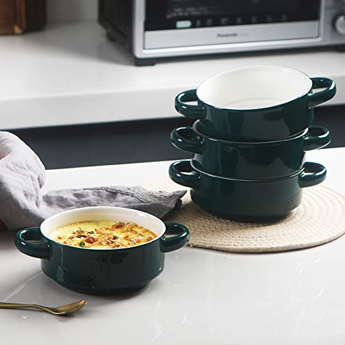 Image of Sweejar Ceramic Soup Bowls with Double Handles, 20 Oz Stacked Bowls for French Onion Soup, Cereal, Pot Pies, Stew, Chill, Pasta, Set of 4 (Jade)