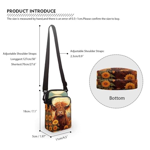 Image of Xpyiqun Highland Cow Phone Bag Crossbody Purses for Women Mini Cross Body Bag Sunflower Canvas Over Shoulder Handbag Messenger Pouch Work Satchel Travel Wallet Organizer Zipper Pocket