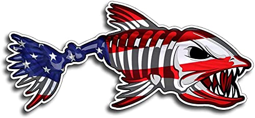 Image of 2 pcs US Flag Skeleton Fish Sticker by NTICKER - Waterproof Vinyl, Patriotic American Flag Fishbone Kayak, Fishing Boat Decal (6in, LR)