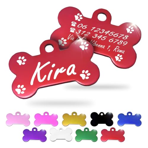 Ibera gifts - Medaglietta Cane Personalizzata, Targhetta Cane con Incisione in Alluminio Lucido a Forma di Osso, Perfetta per Animali di Piccola e Media Taglia, medaglietta cane (Zampe, Rosso)