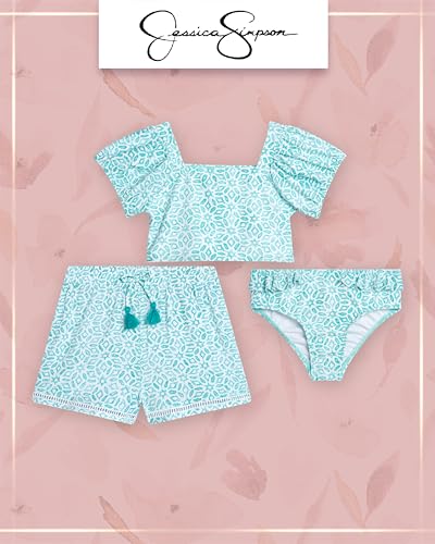 Image of Jessica Simpson Girls Swimsuit Set - 3 Piece Little Girls Bathing Suit with Matching Swim Top, Bikini Bottoms & Swim Shorts