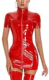FEOYA Leather Dress for Women Sexy Latex Lingerie Wet Look Bodycon Clubwear Costumes Metallic Shinny One Piece Outfits 6-red