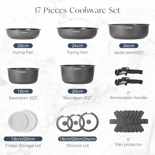 Non Stick Pots and Pans Set 17 Piece, Induction Hob Pan Set, Nonstick Removable Handle Kitchen Cookware Sets, Pot Set, Frying Pans Sets, Saucepan Sets with Lids - Image 3