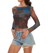 Women's Mesh Long Sleeve Top Y2K Crop Tops Sexy Sheer Going Out Tops Clubwear T Shirts Fringe top