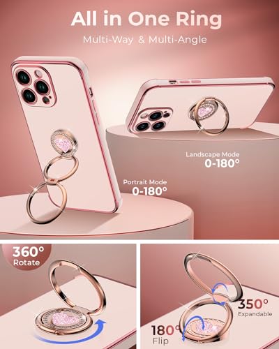 Image of XYZ for iPhone 14 Pro Back Cover Case with Stand, Phone Case with Double Ring Kickstand, Women Girls Bling Luxury Protective Case Heart for iPhone 14 Pro, Pink | Double Ring Holder, Cute Love-Heart, Phone Chain Wristlet, Wrist Strap, Women Girls Bling Luxury Protective Case, Pink