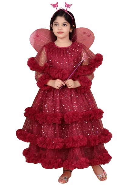 Image of Girls Glitter Tulle Tiered Gown with Butterfly Wings, Ruffle Detail, Fairy Costume Dress