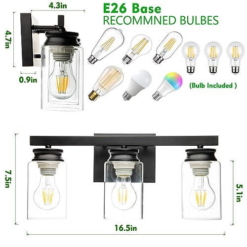 Image of Bathroom Vanity Light, 3-Light Modern Matte Black Wall Sconce Lighting with Clear Glass Shade, Black Wall Lights, Vanity Lighting Over Mirror for Bedroom, Living Room-1Pack