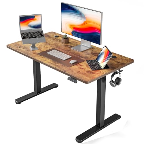 FEZIBO Bureau Assis Debout Électrique, 100 x 60 cmBureau Table Debout Réglable en Hauteur Acier T Pieds avec Système Anti-Collision, Panneau Contrôle à Fonctions Mémoires, Planche Marron